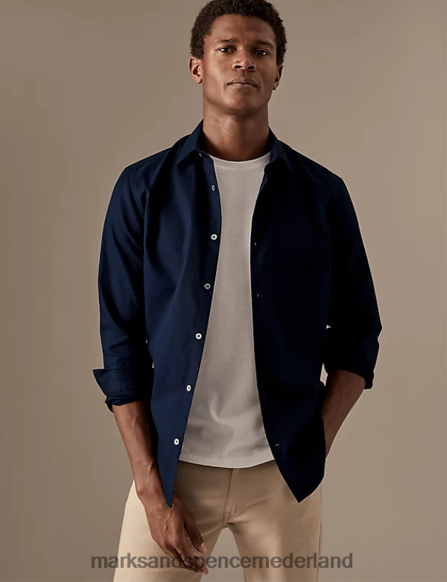 Marks & Spencer Heren slim fit, gemakkelijk te strijken overhemd van puur katoen donker marine kleding N8VZP5418