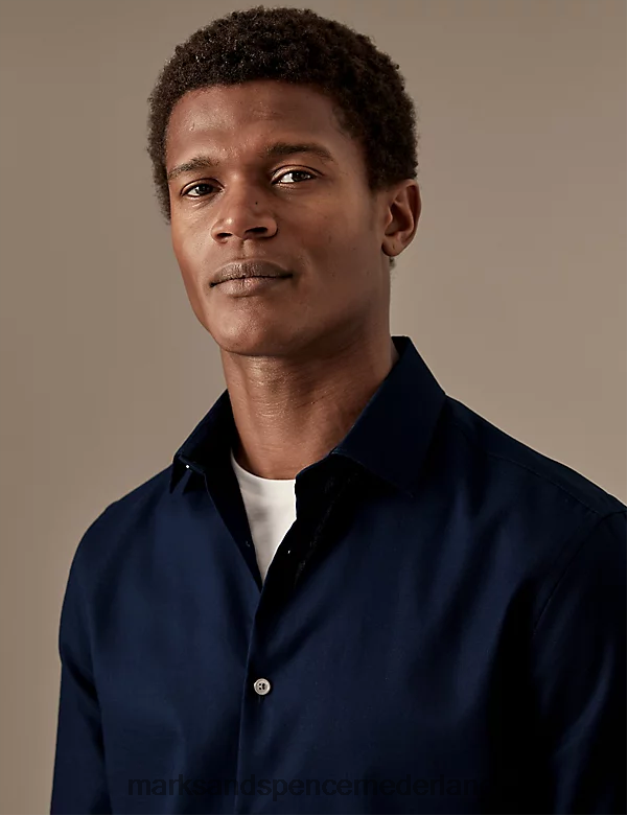 Marks & Spencer Heren slim fit, gemakkelijk te strijken overhemd van puur katoen donker marine kleding N8VZP5418