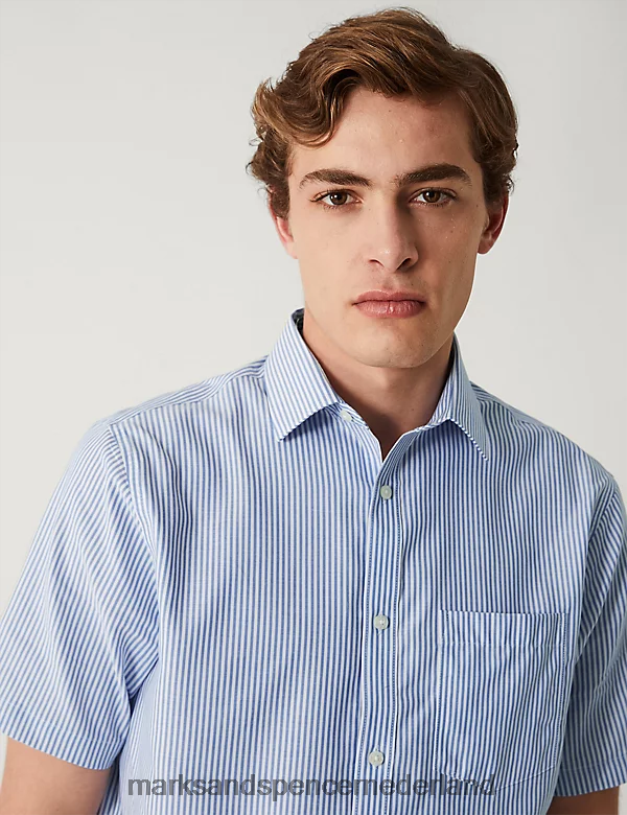 Marks & Spencer Heren strijkvrij oxford overhemd van zuiver katoen met normale pasvorm blauw mengsel kleding N8VZP5670