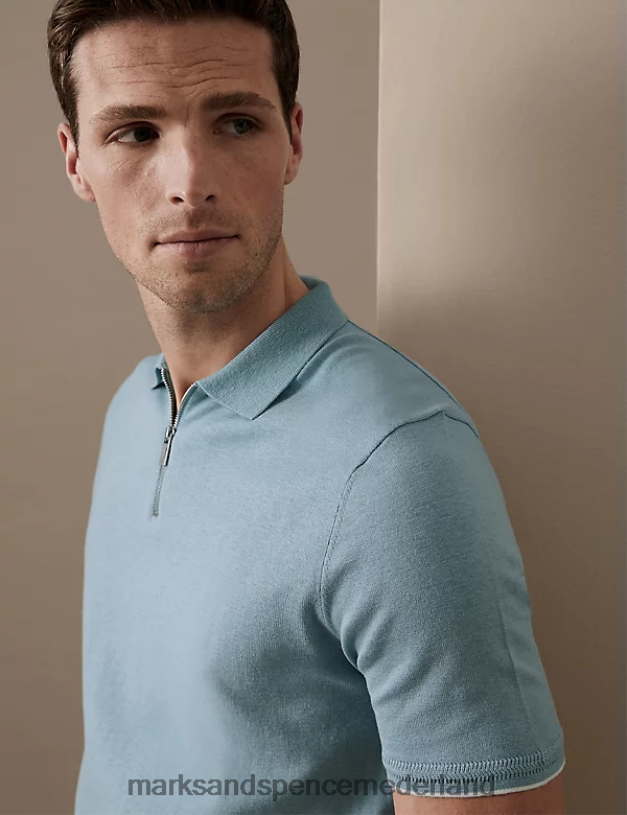 Marks & Spencer Heren zijden katoenen gebreid poloshirt met ritssluiting eendenei kleding N8VZP6106