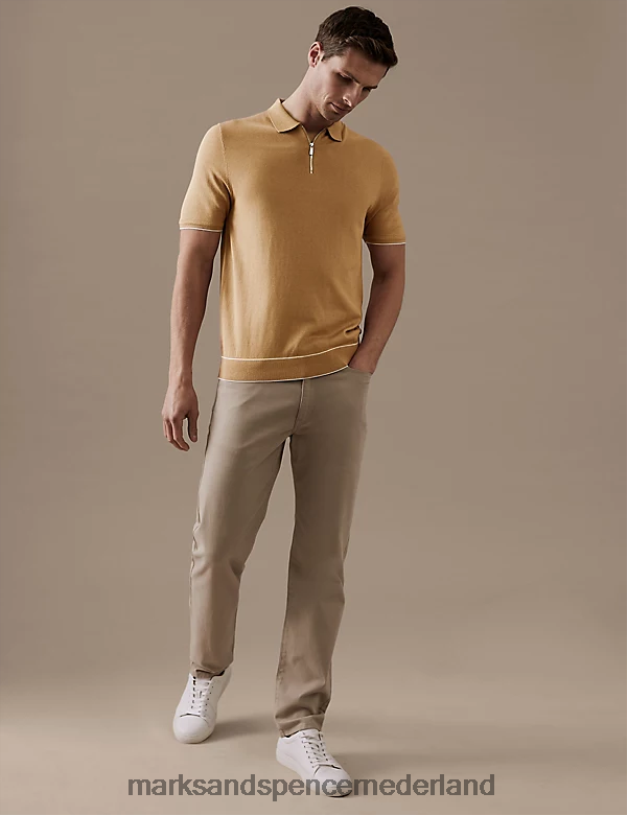 Marks & Spencer Heren zijden katoenen gebreid poloshirt met ritssluiting zacht brons kleding N8VZP6105