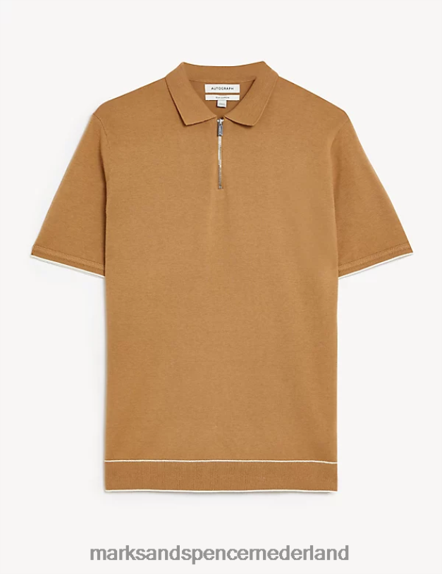 Marks & Spencer Heren zijden katoenen gebreid poloshirt met ritssluiting zacht brons kleding N8VZP6105