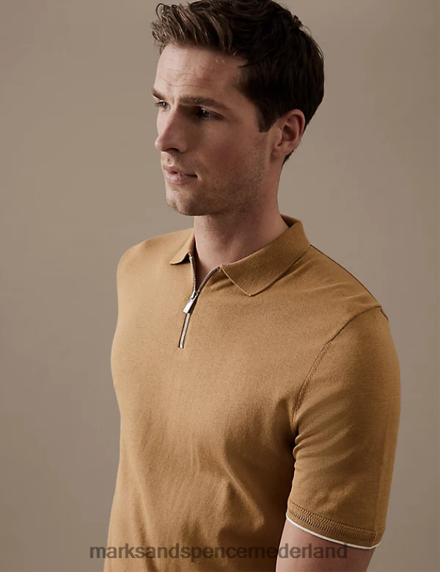 Marks & Spencer Heren zijden katoenen gebreid poloshirt met ritssluiting zacht brons kleding N8VZP6105