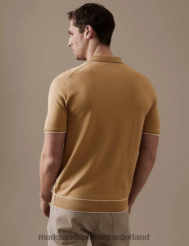 Marks & Spencer Heren zijden katoenen gebreid poloshirt met ritssluiting zacht brons kleding N8VZP6105