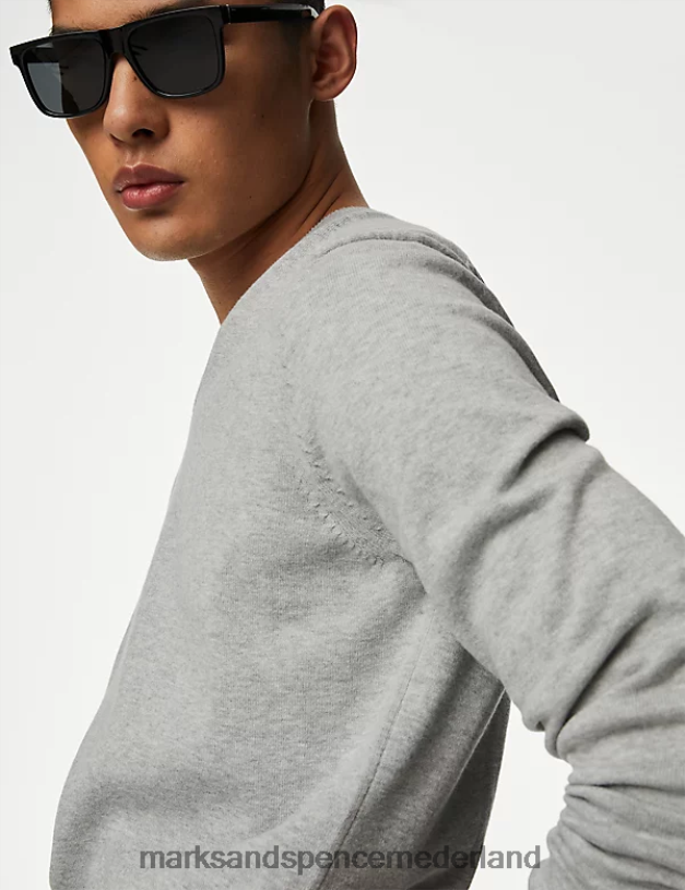 Marks & Spencer Heren Gebreide trui van puur katoen met V-hals lichtgrijs kleding N8VZP7204