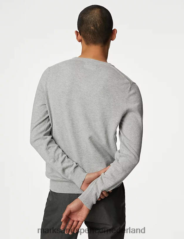 Marks & Spencer Heren Gebreide trui van puur katoen met V-hals lichtgrijs kleding N8VZP7204