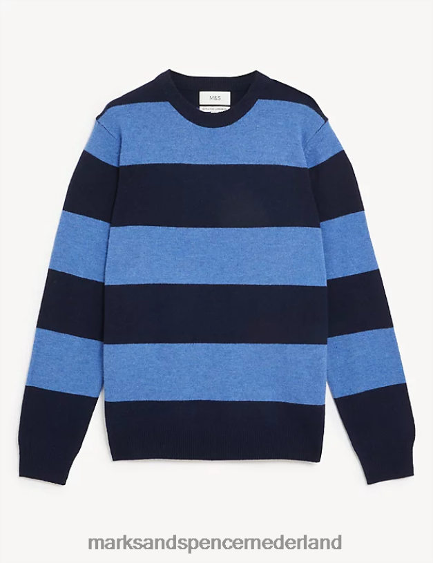 Marks & Spencer Heren Gestreepte trui van pure extra fijne lamswol blauw mengsel kleding N8VZP6552