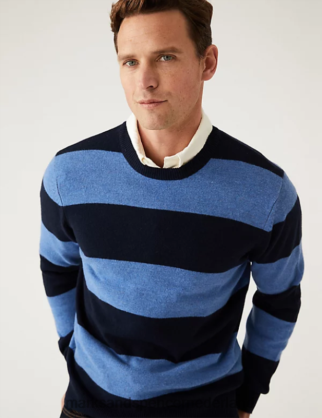 Marks & Spencer Heren Gestreepte trui van pure extra fijne lamswol blauw mengsel kleding N8VZP6552