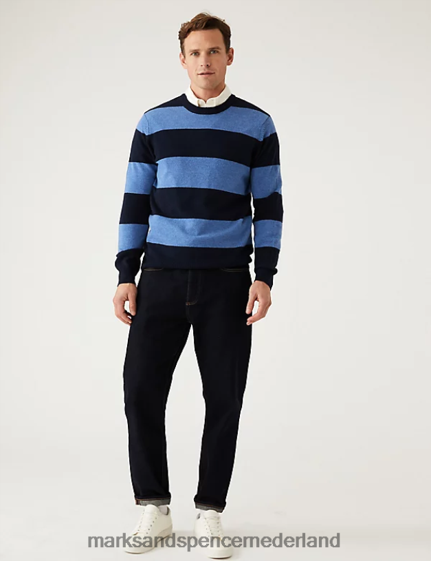 Marks & Spencer Heren Gestreepte trui van pure extra fijne lamswol blauw mengsel kleding N8VZP6552
