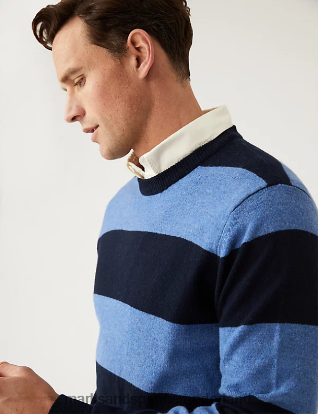 Marks & Spencer Heren Gestreepte trui van pure extra fijne lamswol blauw mengsel kleding N8VZP6552
