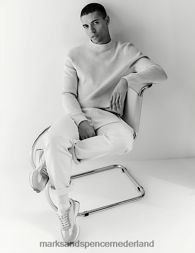 Marks & Spencer Heren Getextureerde trui met ronde hals van een katoenmix ecru kleding N8VZP6771