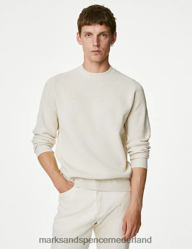 Marks & Spencer Heren Getextureerde trui met ronde hals van een katoenmix ecru kleding N8VZP6771