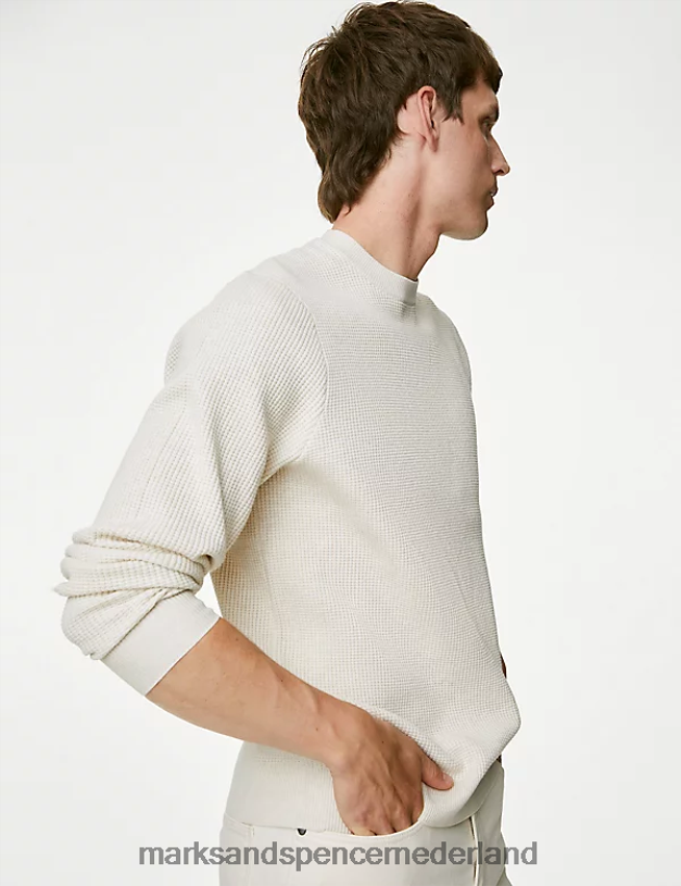 Marks & Spencer Heren Getextureerde trui met ronde hals van een katoenmix ecru kleding N8VZP6771
