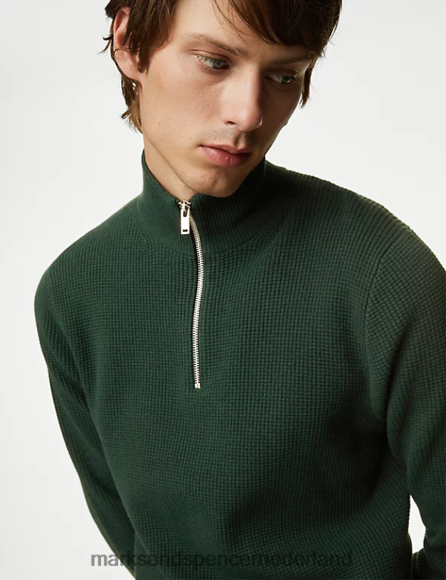 Marks & Spencer Heren Getextureerde trui van katoenmix met halve rits groente kleding N8VZP5862