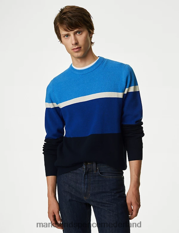 Marks & Spencer Heren Trui met ronde hals en blokstreep van een katoenmix blauw mengsel kleding N8VZP5354