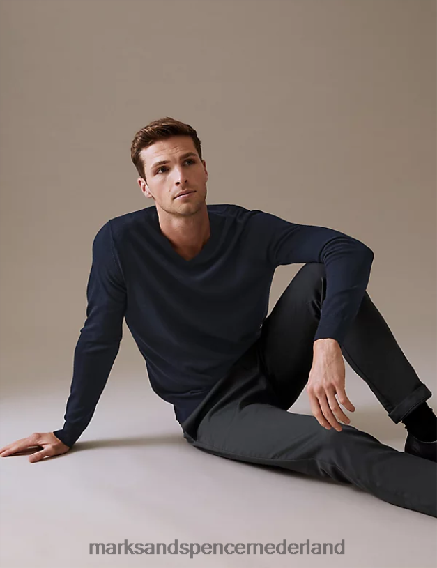 Marks & Spencer Heren Trui met v-hals van zuivere extra fijne merinowol marine kleding N8VZP5573