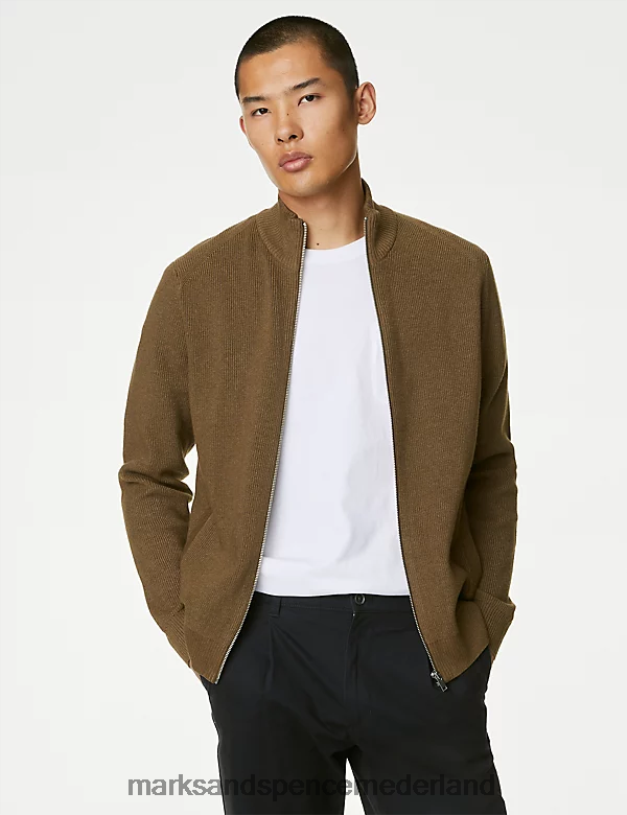 Marks & Spencer Heren Trui van katoenmix met trechterhals en ritssluiting karamel kleding N8VZP5995