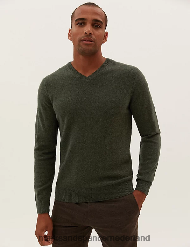 Marks & Spencer Heren Trui van pure extra fijne lamswol met V-hals khaki kleding N8VZP6894