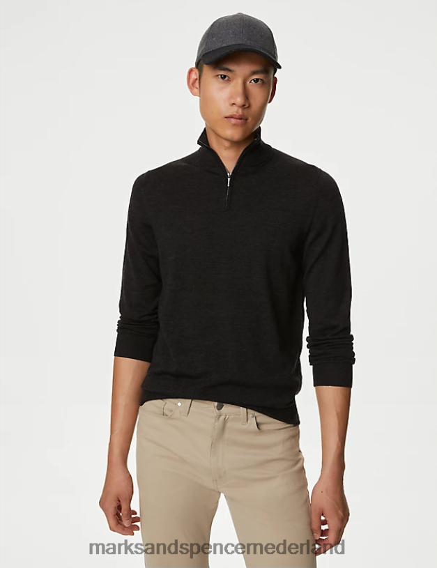 Marks & Spencer Heren Trui van zuivere extra fijne merinowol met halve rits houtskool kleding N8VZP6576