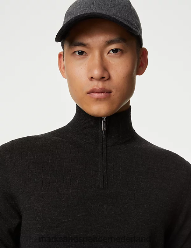 Marks & Spencer Heren Trui van zuivere extra fijne merinowol met halve rits houtskool kleding N8VZP6576