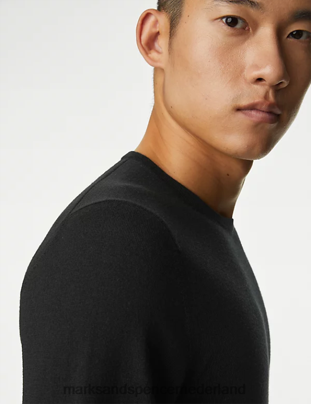 Marks & Spencer Heren Trui van zuivere extra fijne merinowol met ronde hals zwart kleding N8VZP4961