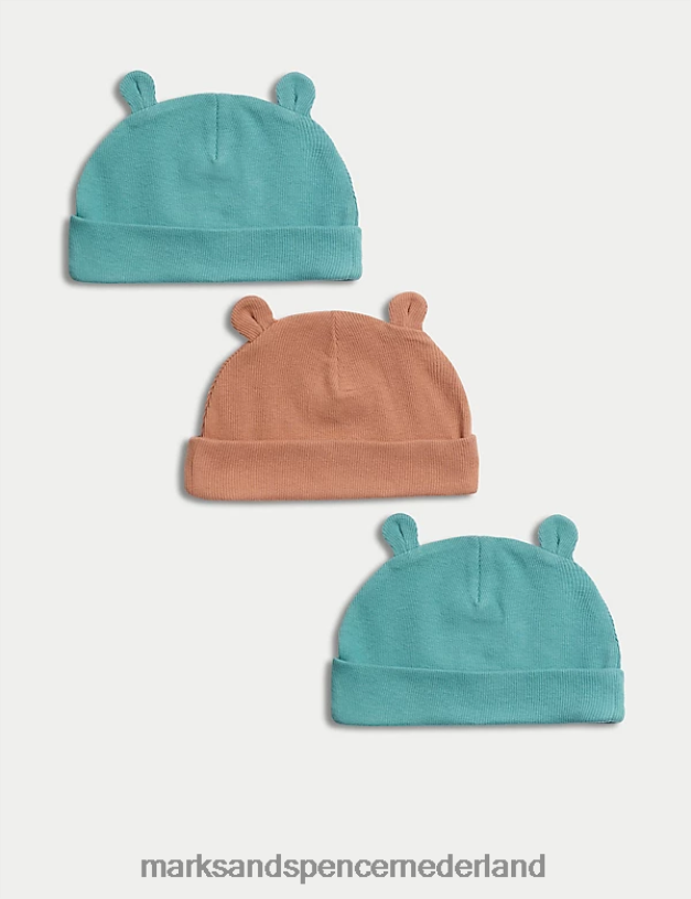 Marks & Spencer kinderen 3 stuks katoenrijke hoeden aquamix accessoires N8VZP7253