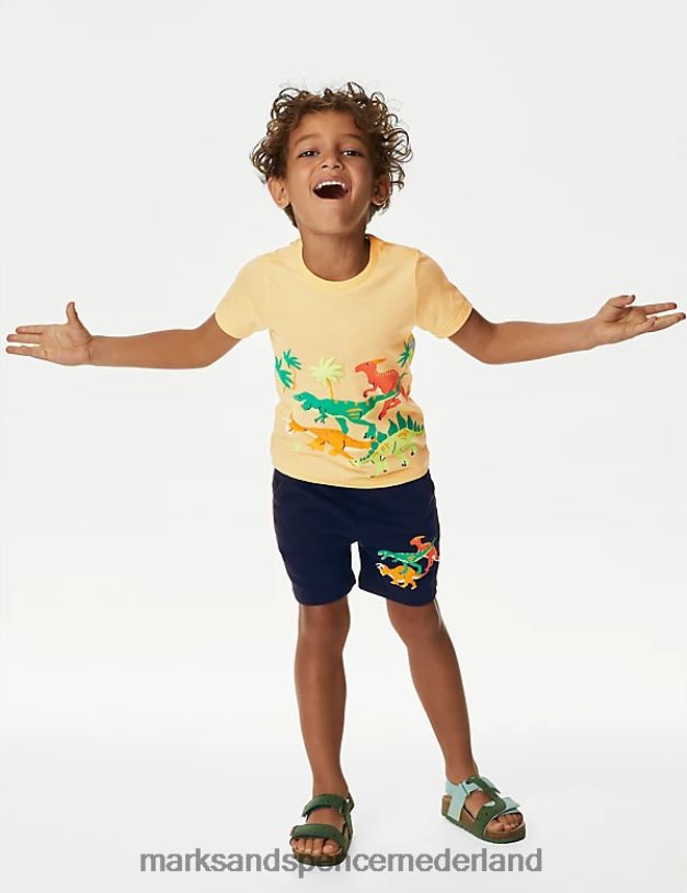 Marks & Spencer kinderen 2-delige dinosaurusoutfit van puur katoen met boven- en onderkant multi kleding N8VZP8141