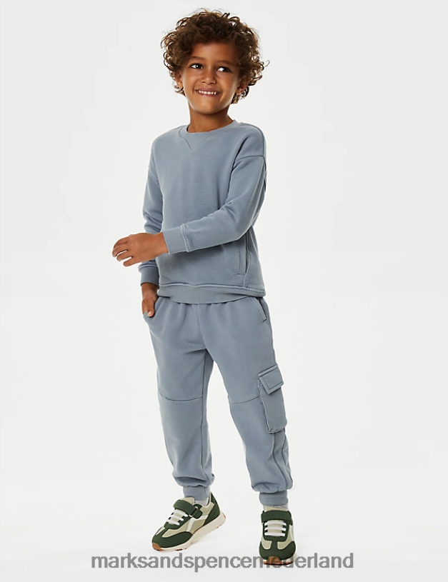 Marks & Spencer kinderen 2-delige katoenrijke outfit voor sweatshirt en joggingbroek blauw kleding N8VZP7812