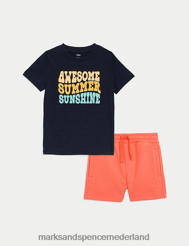 Marks & Spencer kinderen 2-delige katoenrijke top- en broekoutfit met slogan multi kleding N8VZP8260