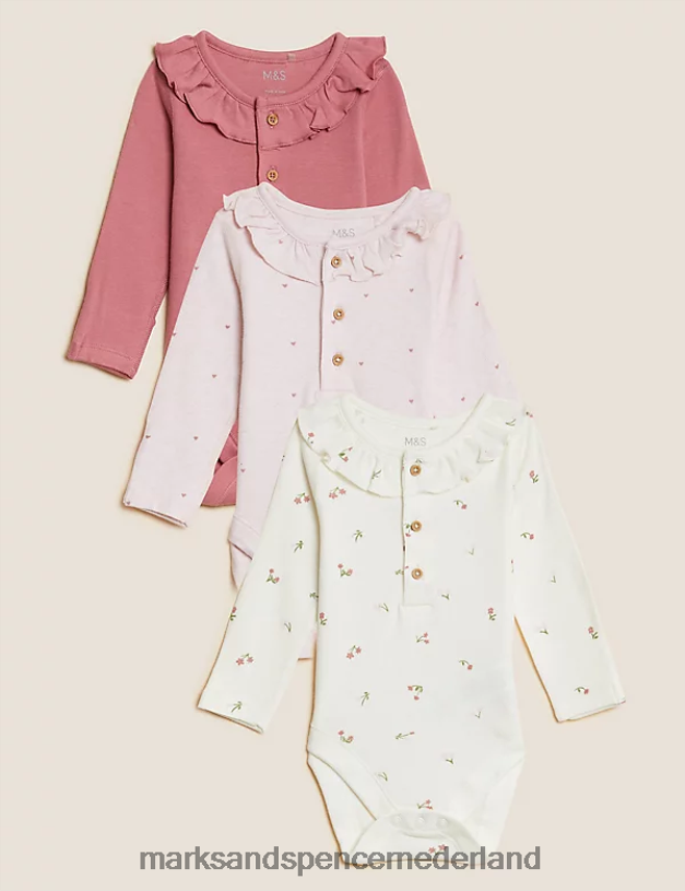 Marks & Spencer kinderen 3 stuks puur katoenen bodysuits roze mix kleding N8VZP7601