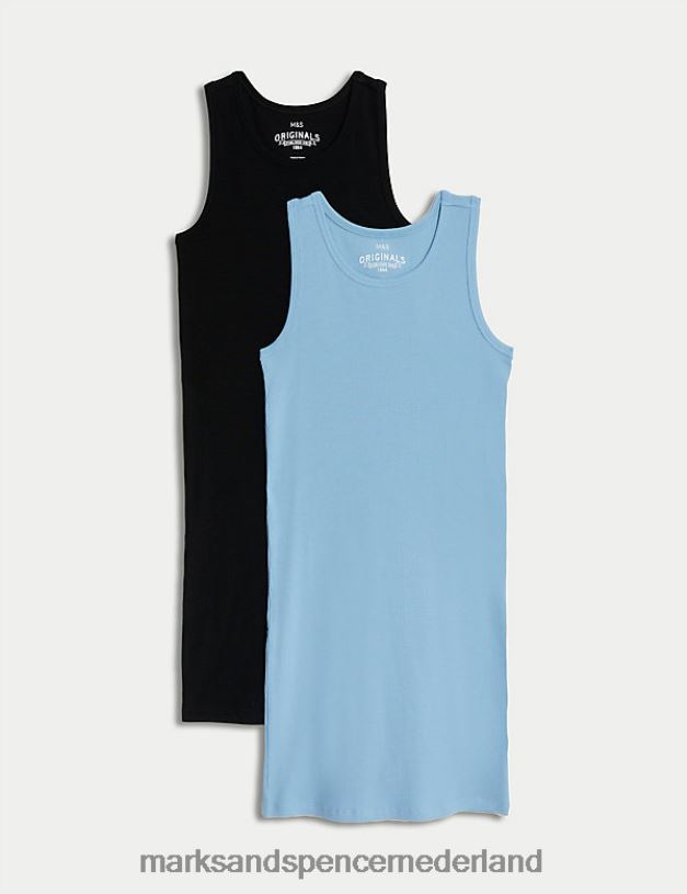 Marks & Spencer kinderen 2 stuks katoenrijke geribbelde jurken blauw mengsel kleding N8VZP9437