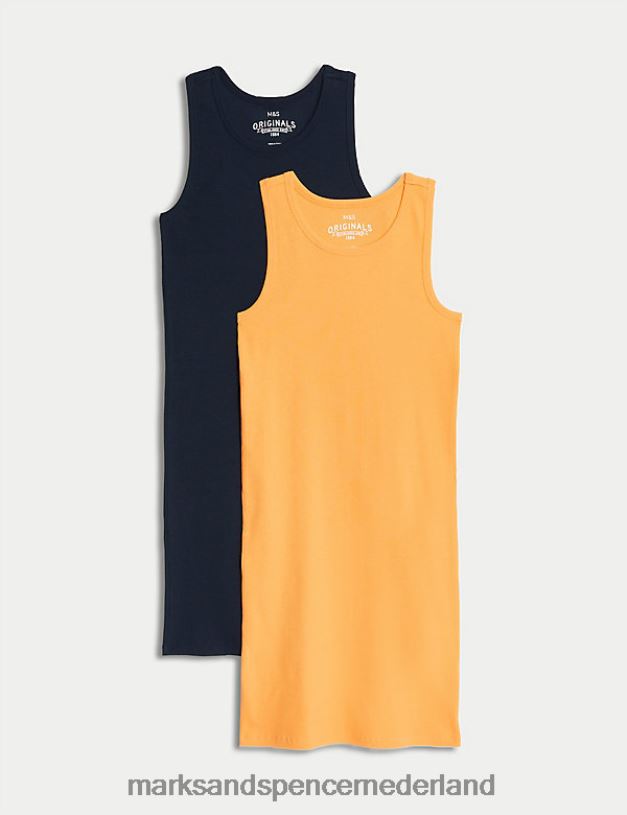 Marks & Spencer kinderen 2 stuks katoenrijke geribbelde jurken geel mengsel kleding N8VZP9166