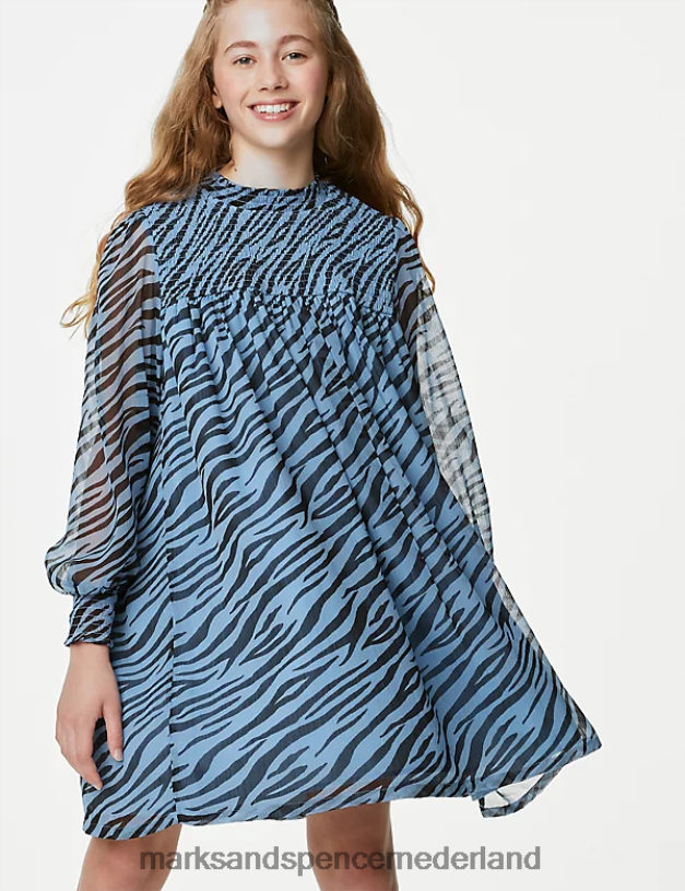 Marks & Spencer kinderen bedrukte gesmokte jurk blauw mengsel kleding N8VZP9506