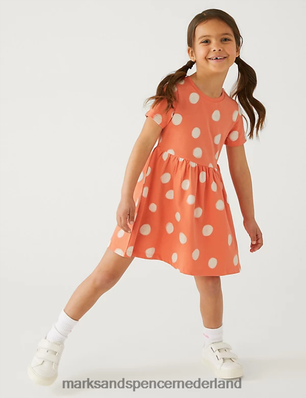 Marks & Spencer kinderen jurkje van puur katoen met stippen koraal kleding N8VZP9167
