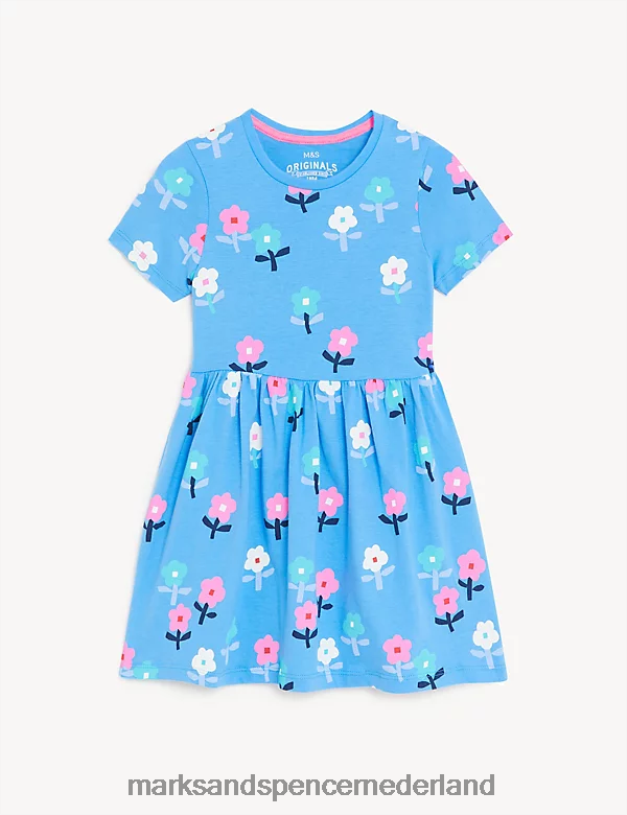 Marks & Spencer kinderen katoenrijke jurk met bloemenprint blauw mengsel kleding N8VZP9418