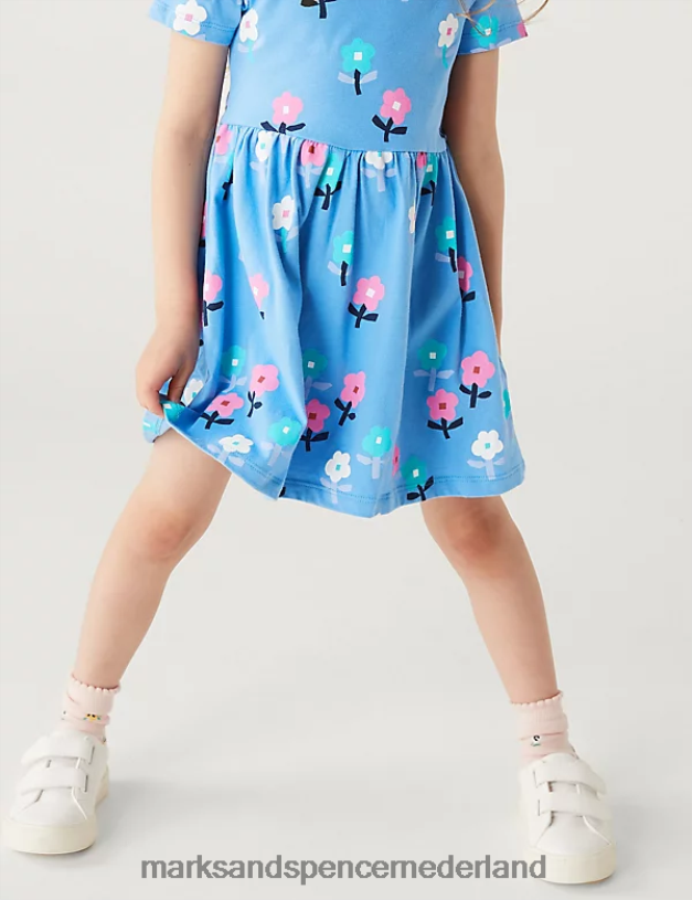 Marks & Spencer kinderen katoenrijke jurk met bloemenprint blauw mengsel kleding N8VZP9418