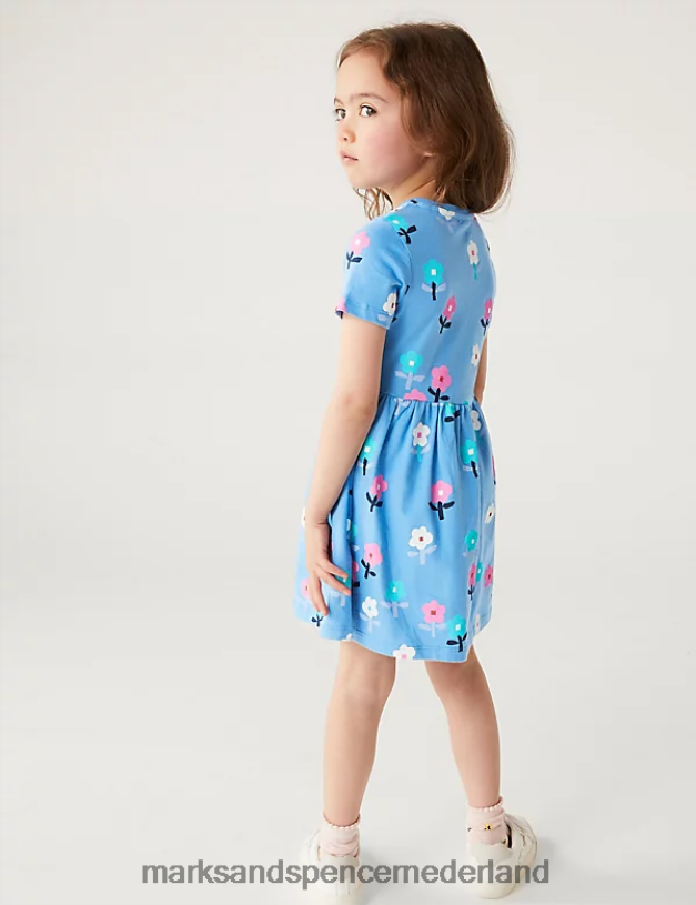 Marks & Spencer kinderen katoenrijke jurk met bloemenprint blauw mengsel kleding N8VZP9418