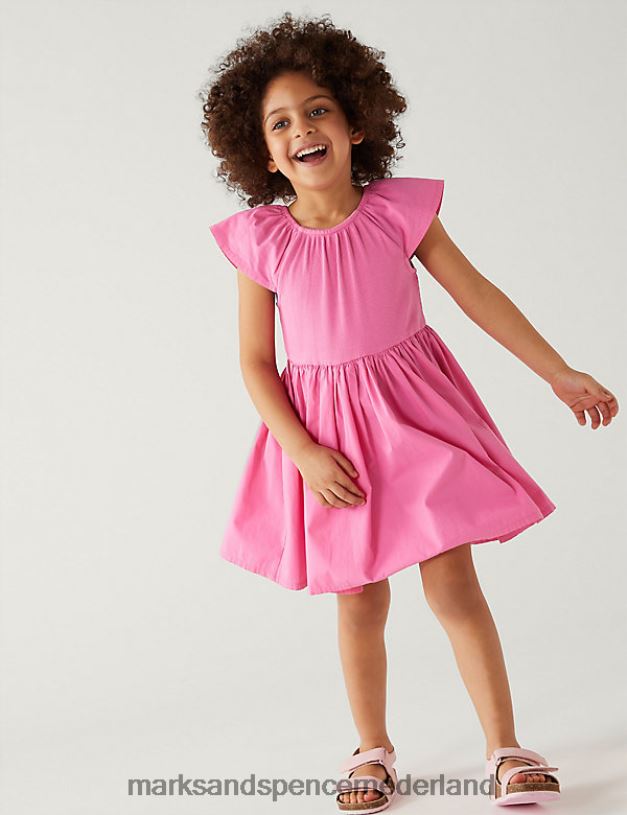 Marks & Spencer kinderen katoenrijke jurk met ruches roze kleding N8VZP9530