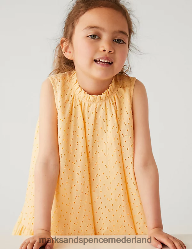 Marks & Spencer kinderen puur katoenen jurkje met scrunchie bleek goud kleding N8VZP9258
