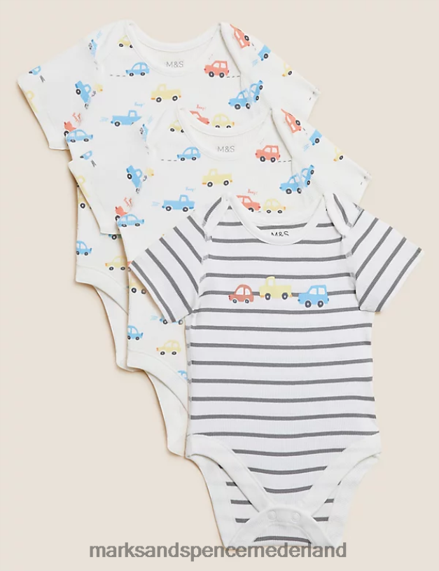 Marks & Spencer kinderen 3 stuks katoenrijke transportbody's crème mix kleding N8VZP7269