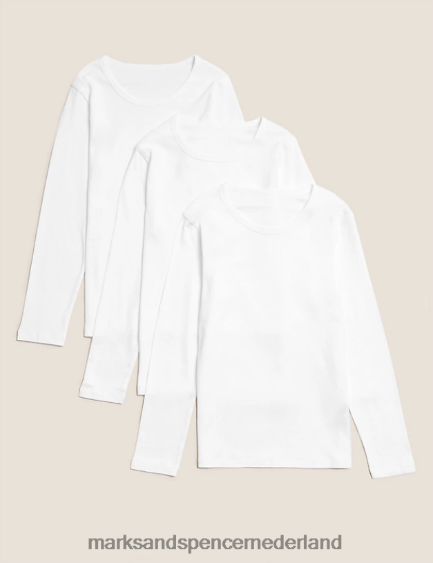 Marks & Spencer kinderen 3pk puur katoenen vesten met lange mouwen wit kleding N8VZP8028