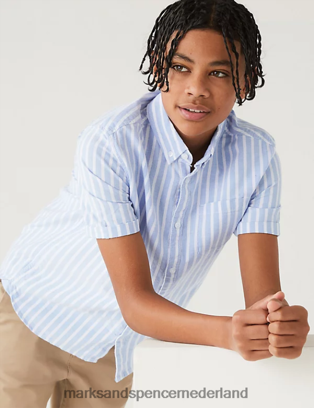 Marks & Spencer kinderen Gestreept overhemd van puur katoen blauw mengsel kleding N8VZP8721