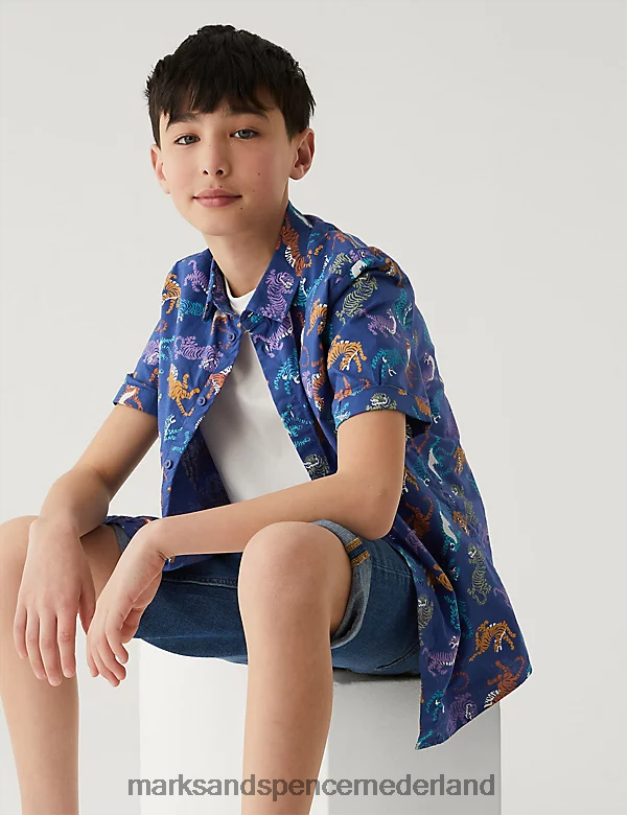Marks & Spencer kinderen overhemd van puur katoen met dierenprint blauw mengsel kleding N8VZP8349