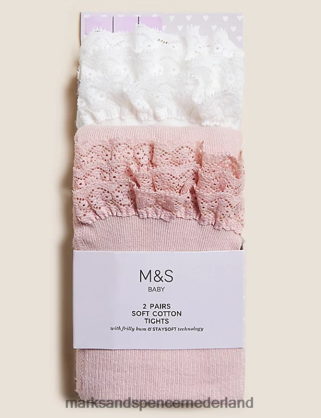 Marks & Spencer kinderen 2 stuks katoenrijke panty's met ruches witte mix kleding N8VZP9456
