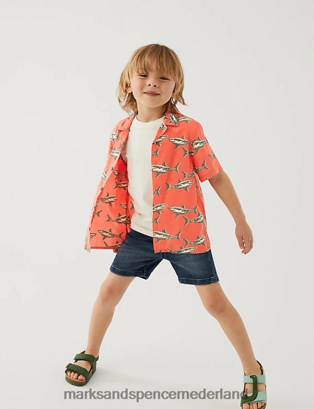 Marks & Spencer kinderen 2-delig katoenrijk haaienshirt en t-shirt oranje mengsel kleding N8VZP8655