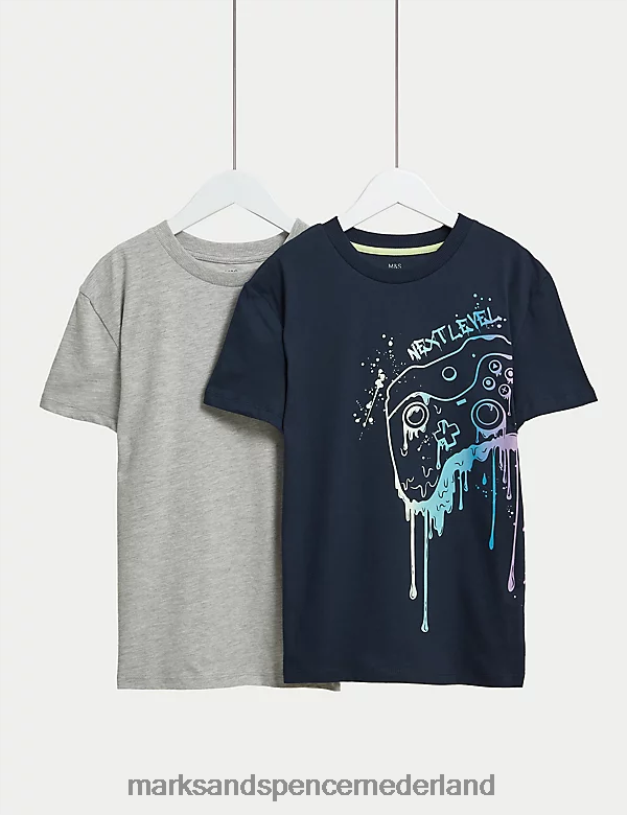 Marks & Spencer kinderen Set van 2 puur katoenen gamer-T-shirts marine mix kleding N8VZP7847