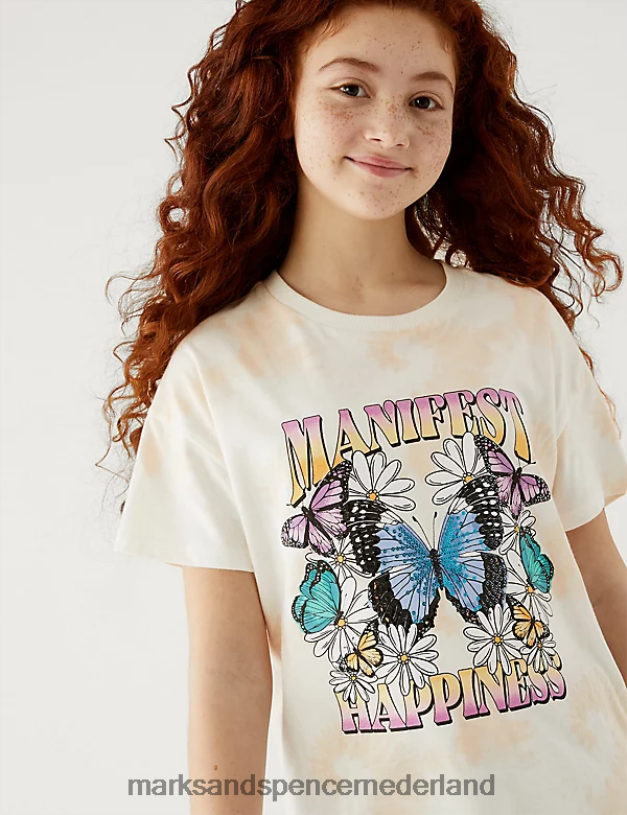 Marks & Spencer kinderen Tie-dye vlinder-T-shirt van puur katoen ivoor kleding N8VZP9894