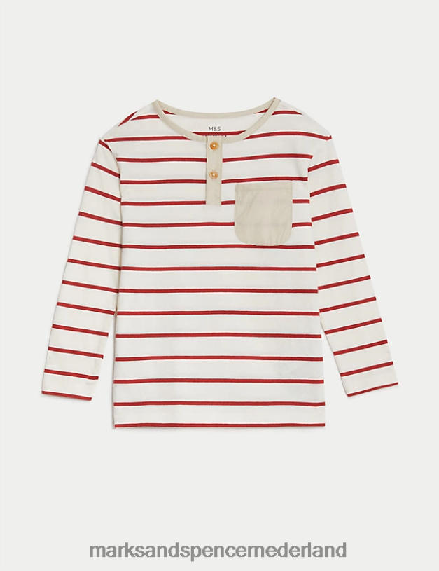 Marks & Spencer kinderen Bretons gestreepte henley-top van puur katoen rode mix kleding N8VZP7848