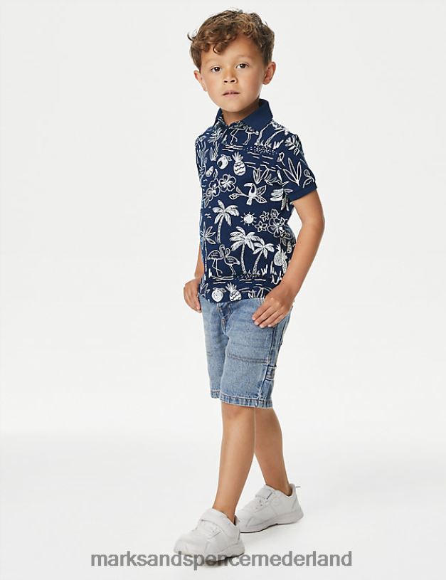 Marks & Spencer kinderen Poloshirt van puur katoen met tropische print indigo-mix kleding N8VZP8114