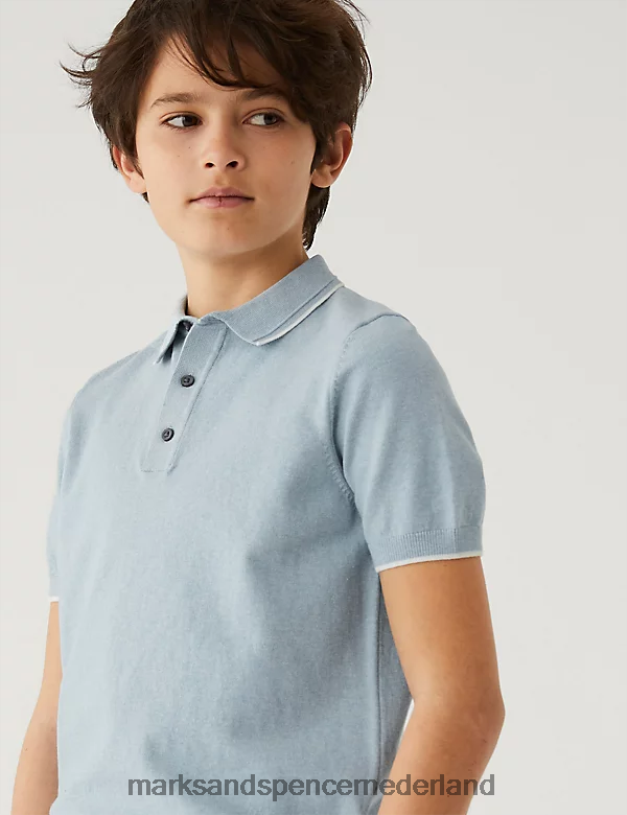 Marks & Spencer kinderen katoenrijk gebreid poloshirt lichtblauw kleding N8VZP7949